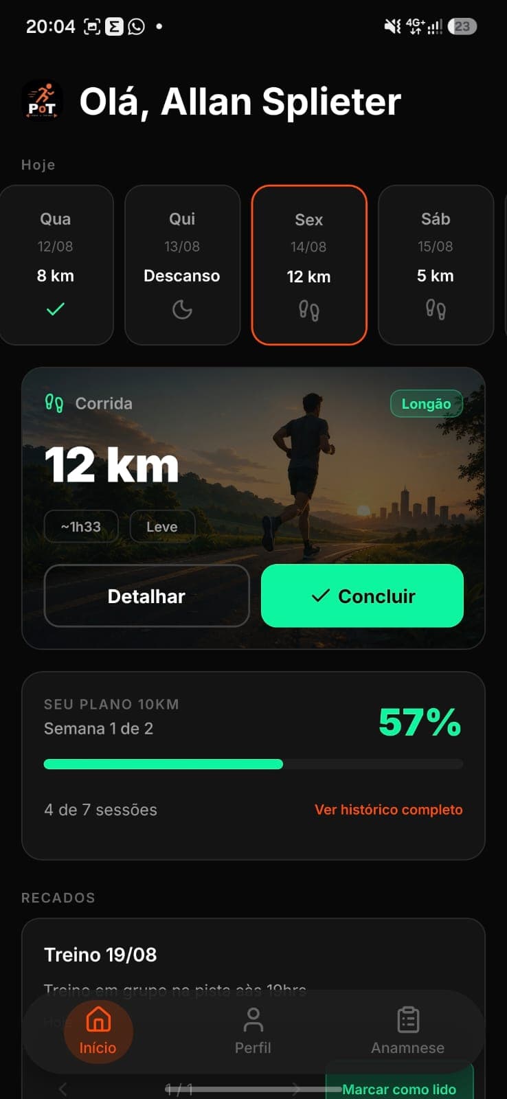 Tela inicial do aplicativo Pega o Treino mostrando o treino do dia e o progresso do plano
